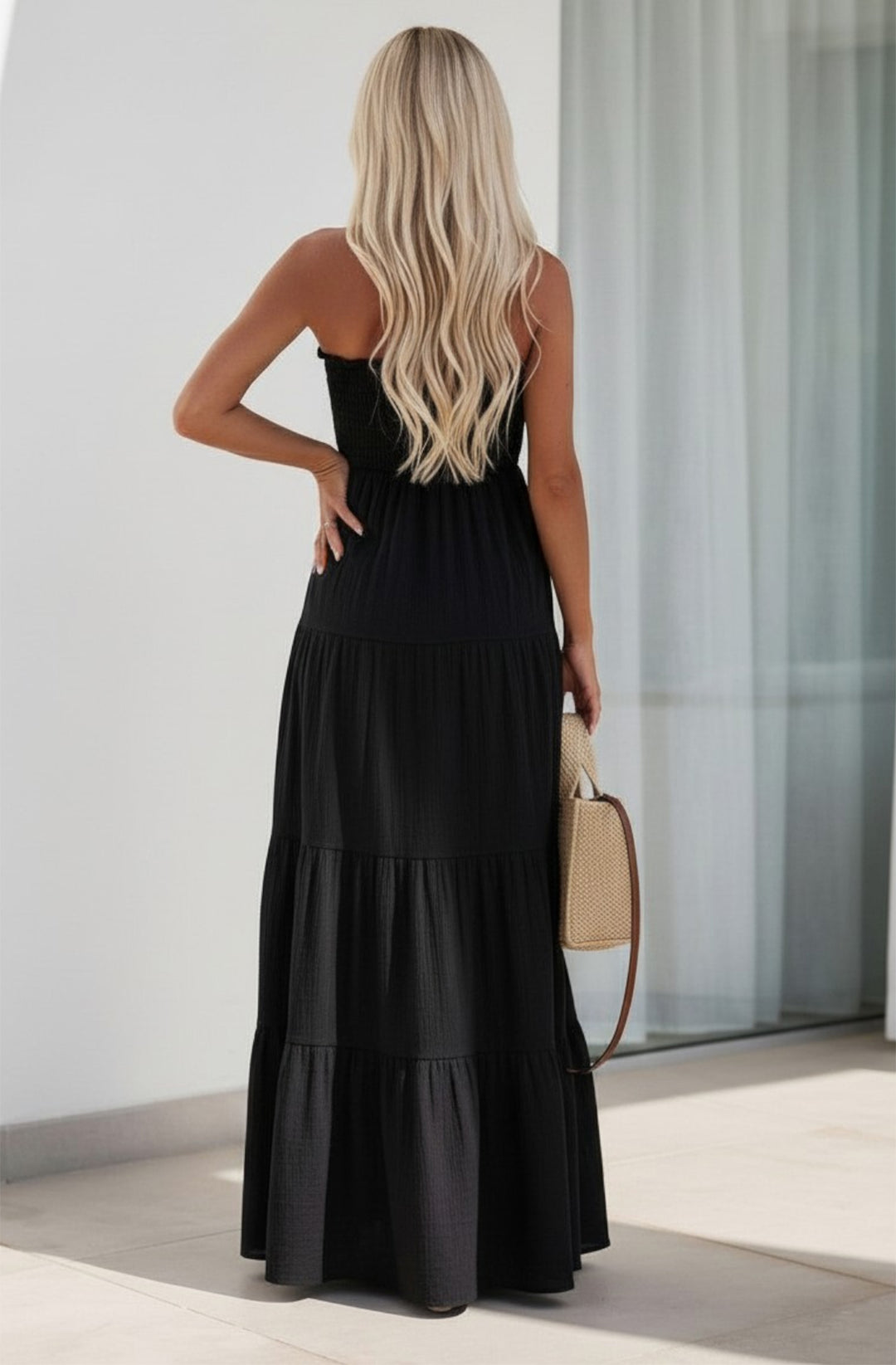 Cassie Shirred Bandeau Tiered Maxi Dress - Black