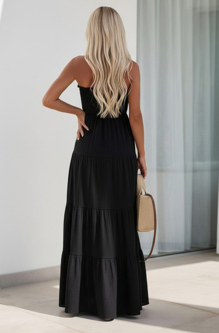 Cassie Shirred Bandeau Tiered Maxi Dress - Black