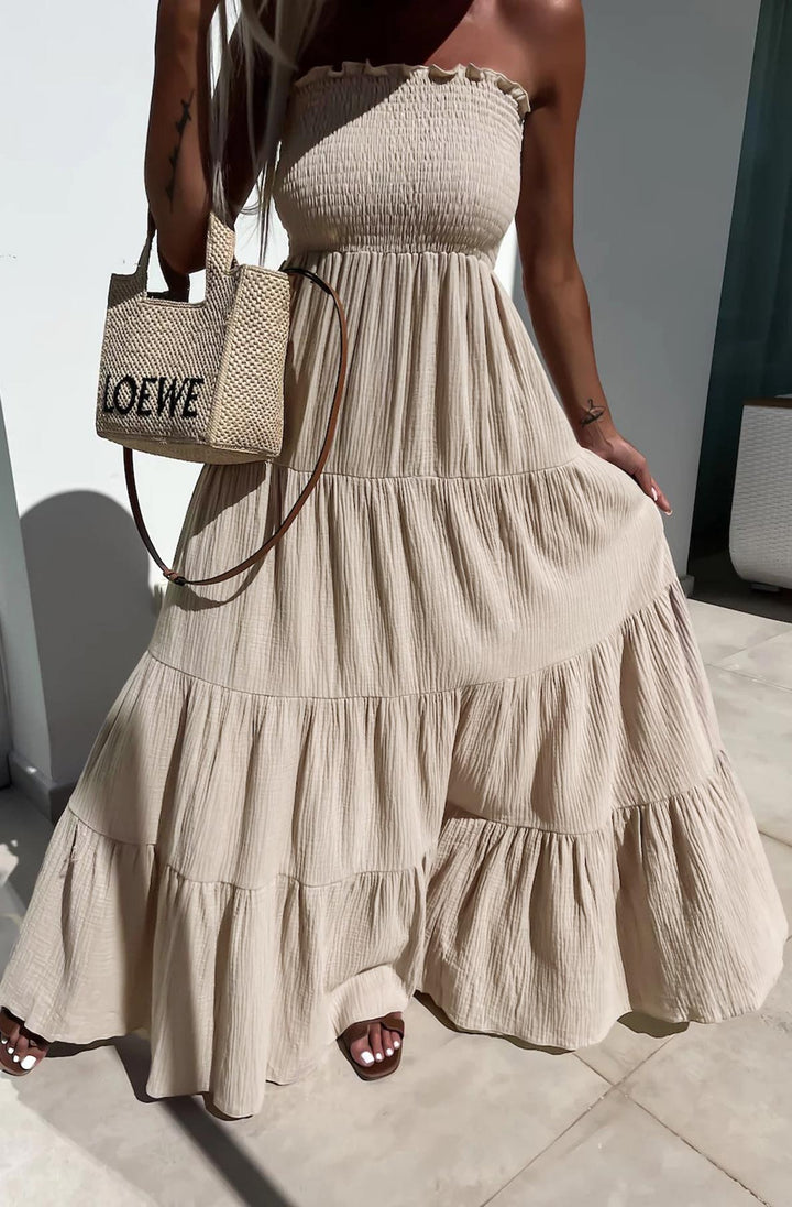 Cassie Shirred Bandeau Tiered Maxi Dress-Stone