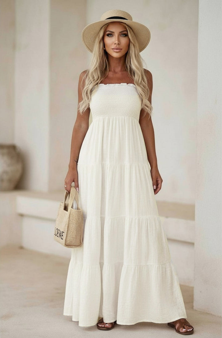 Cassie Shirred Bandeau Tiered Maxi Dress