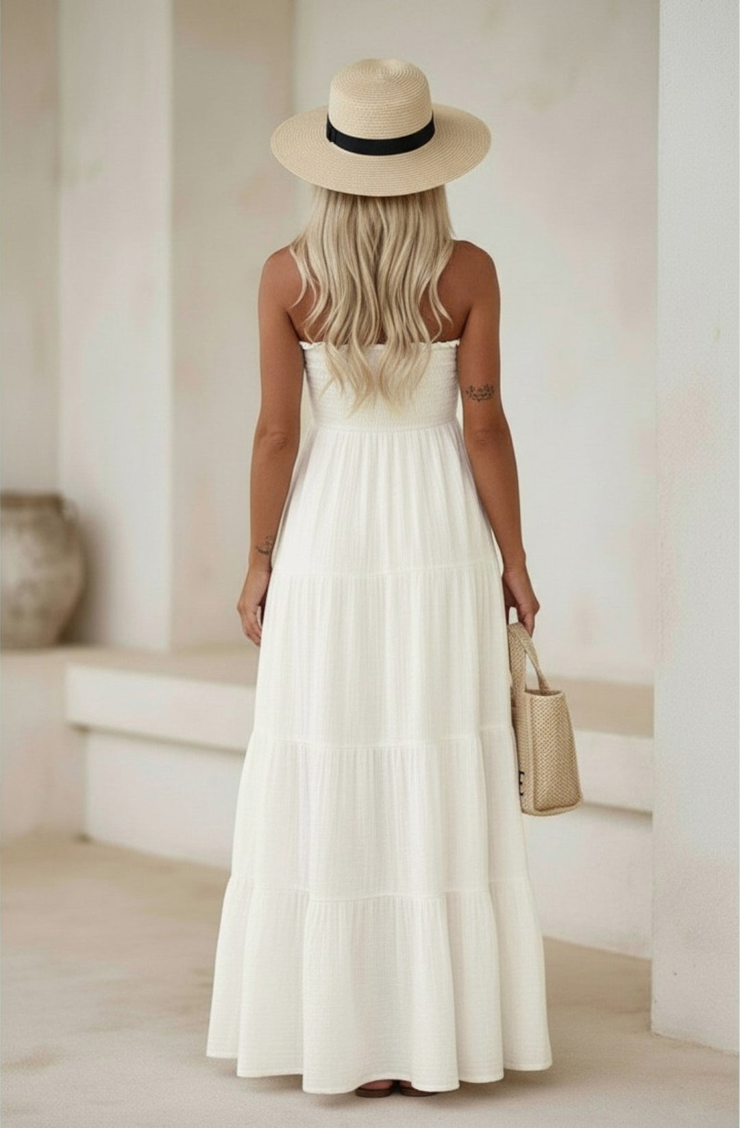 Cassie Shirred Bandeau Tiered Maxi Dress