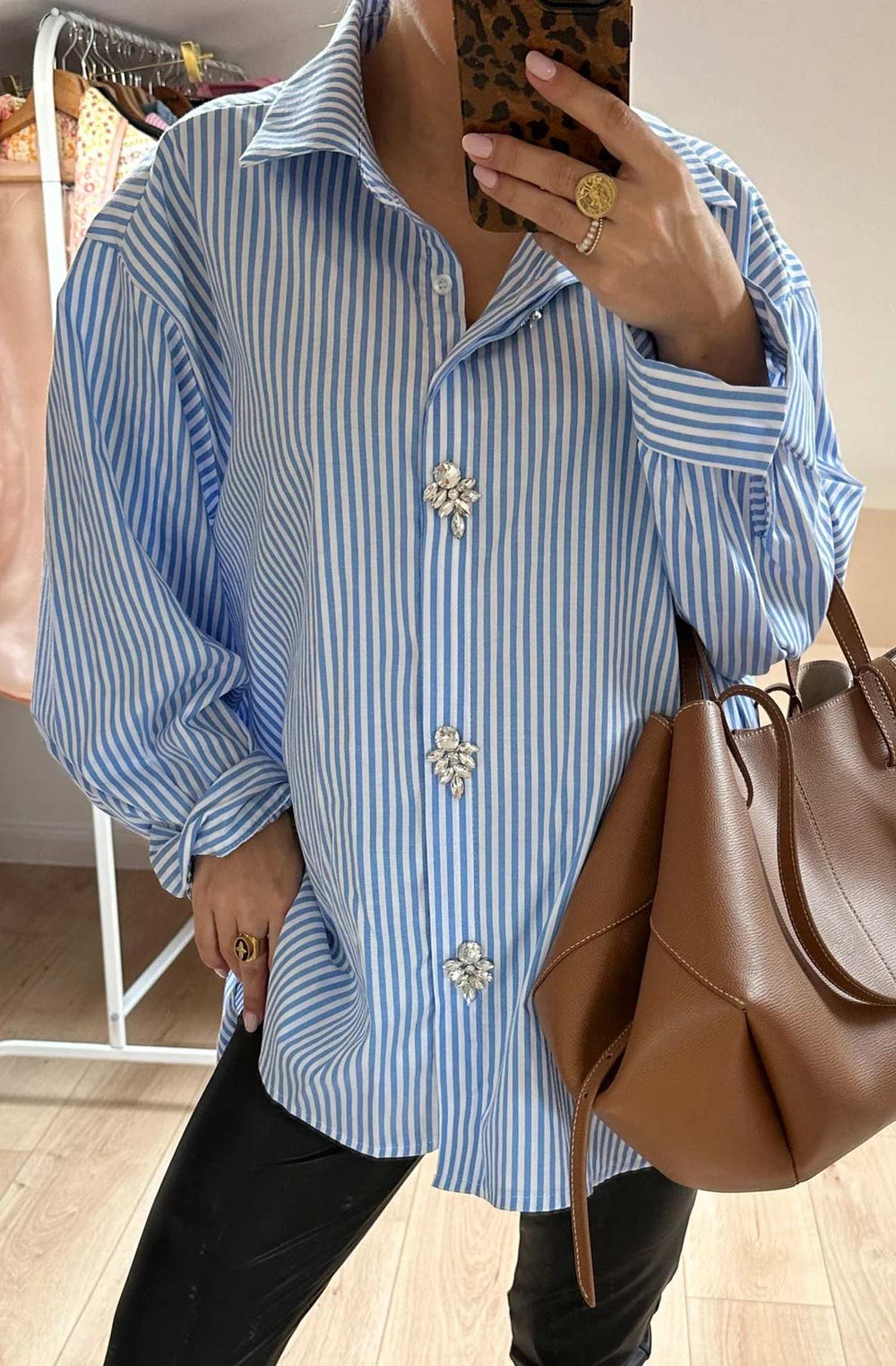 Celeste Striped Diamante Oversized Blouse Shirt Top - Blue