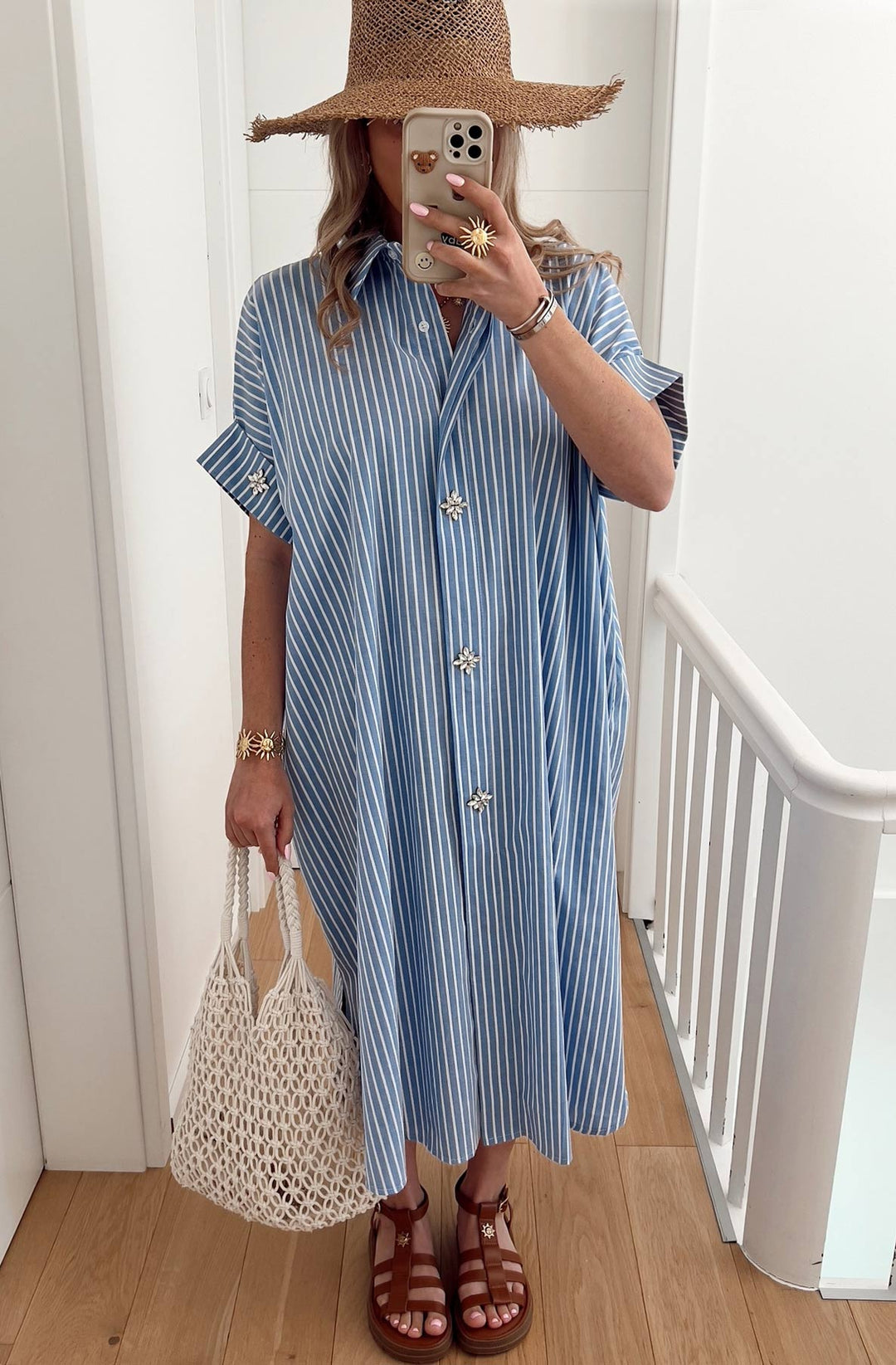 Celeste Striped Diamante Oversized Midaxi Shirt Dress - Blue