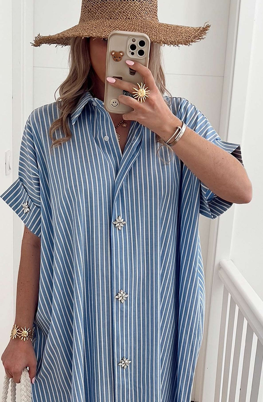 Celeste Striped Diamante Oversized Midaxi Shirt Dress - Blue