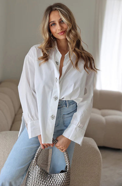 Celeste Striped Diamante Oversized Blouse Shirt Top-Ivory