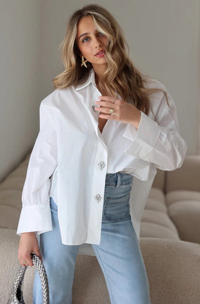 Celeste Striped Diamante Oversized Blouse Shirt Top-Ivory