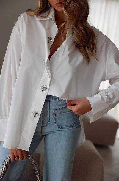 Celeste Striped Diamante Oversized Blouse Shirt Top-Ivory