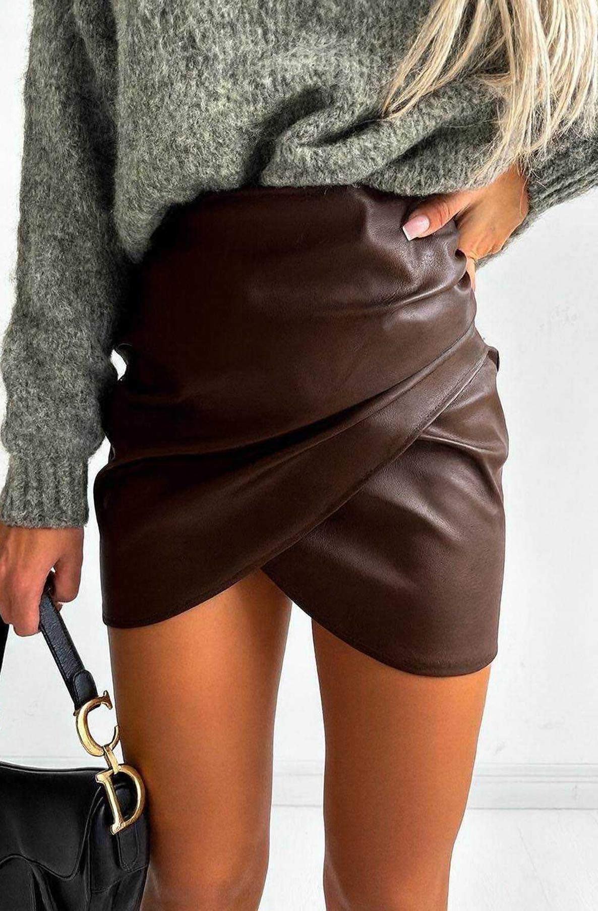 Chanel Faux Leather Bodycon Mini Skirt-Brown