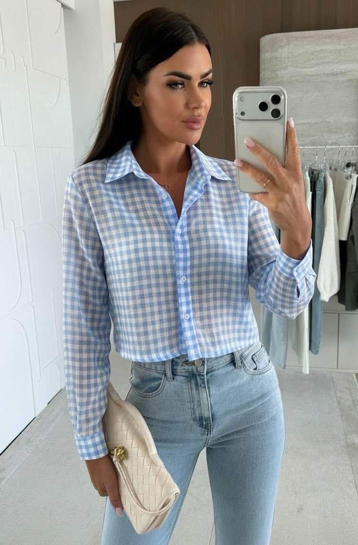 Chantel Gingham Check Cropped Button-Up Shirt Top-Blue