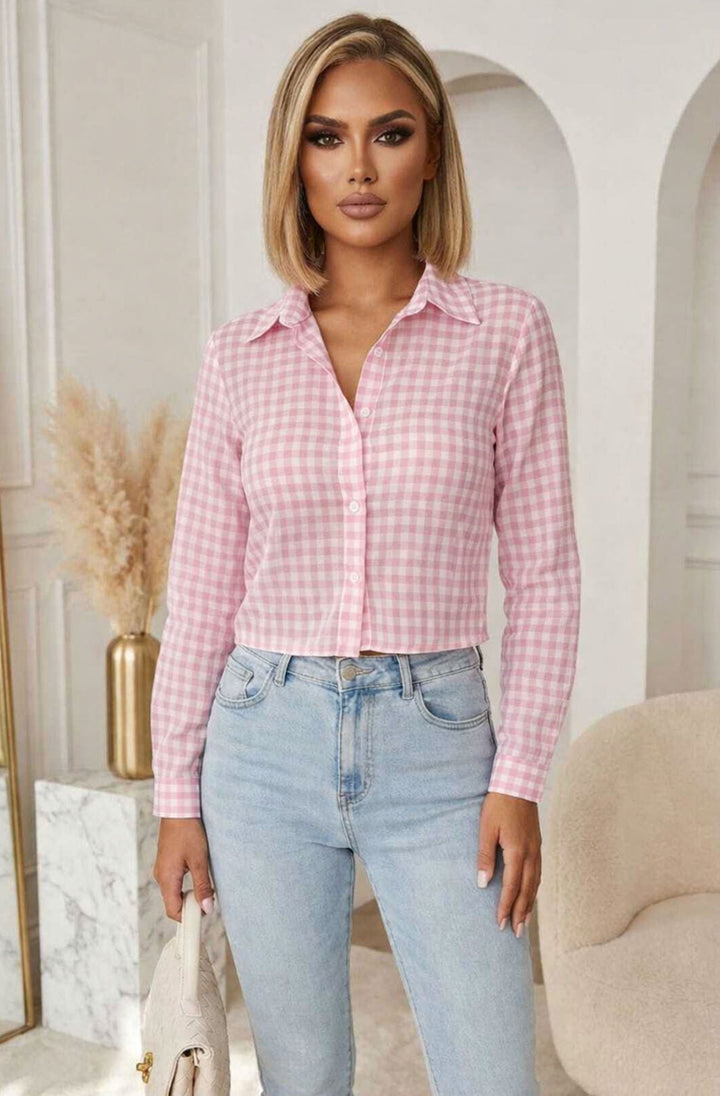 Chantel Gingham Check Cropped Button-Up Shirt Top - Pink