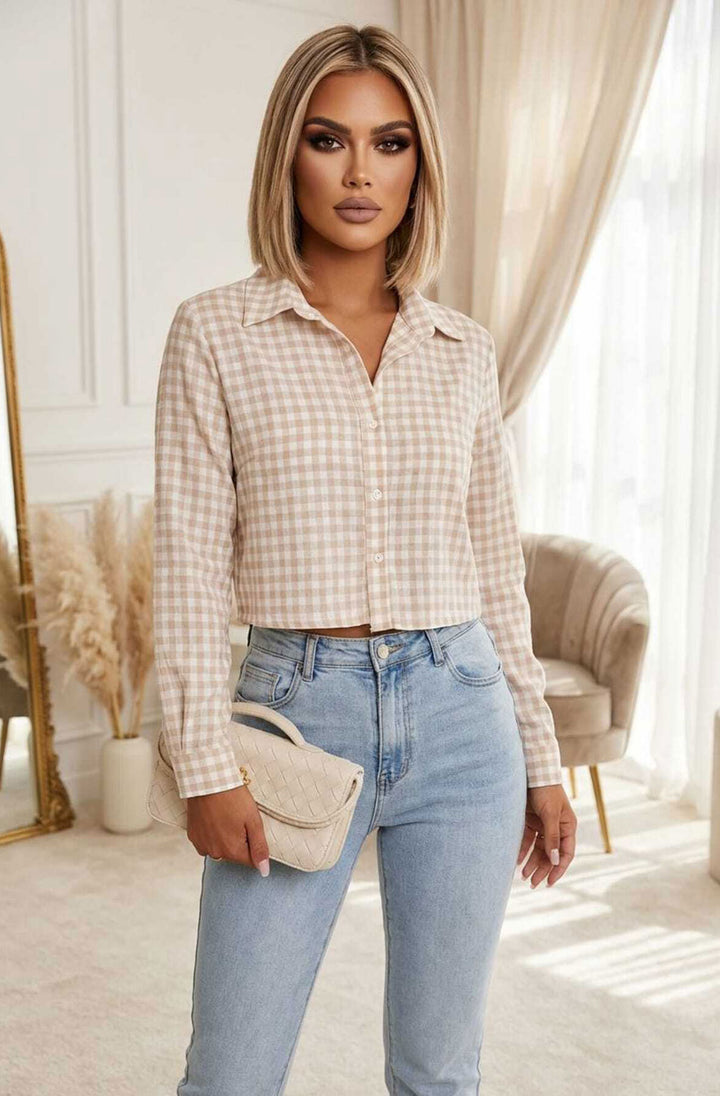 Chantel Gingham Check Cropped Button-Up Shirt Top - Stone