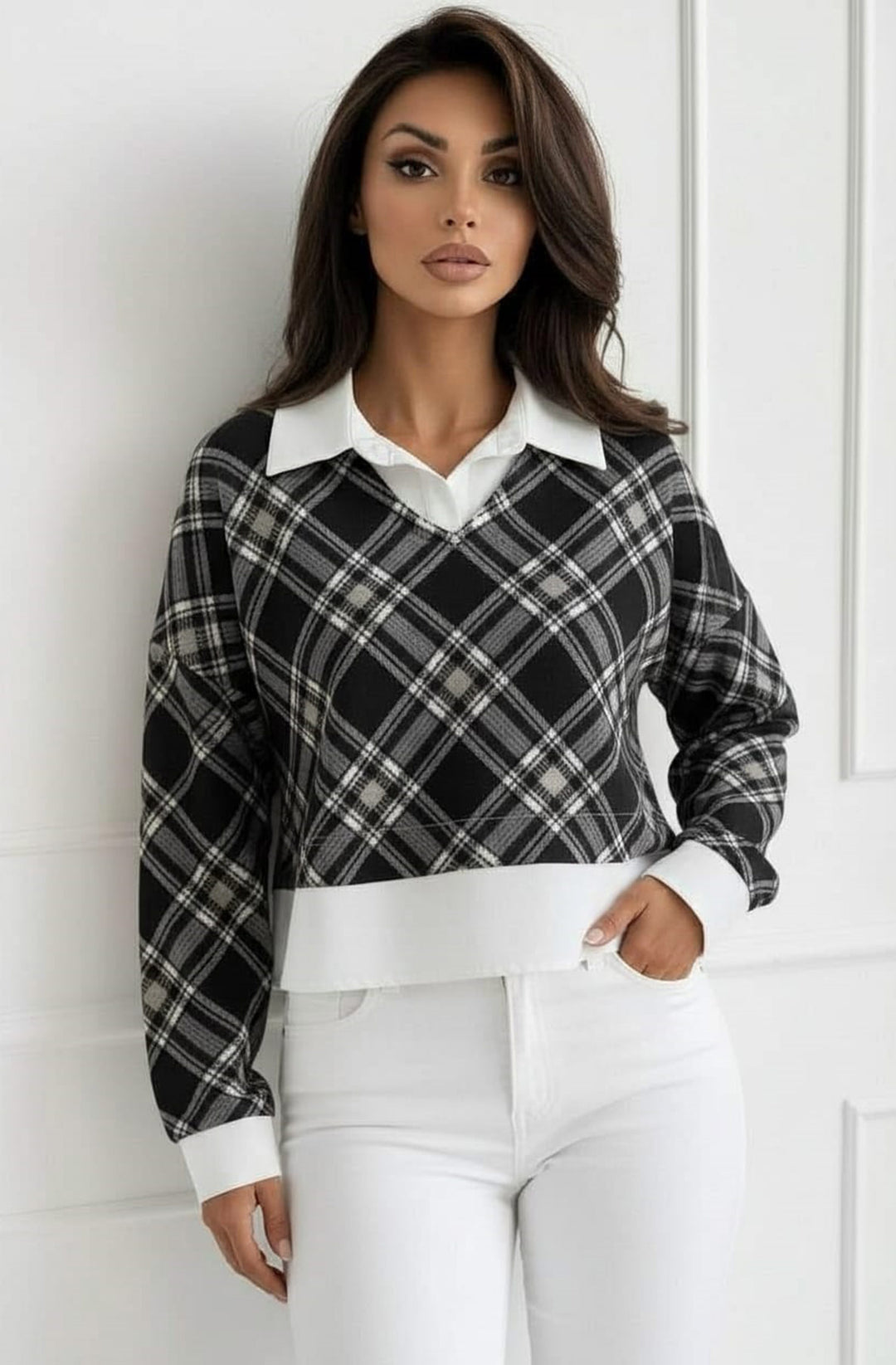 Cherie Check Print V-Neck Layered Effect Sweatshirt Top - Black