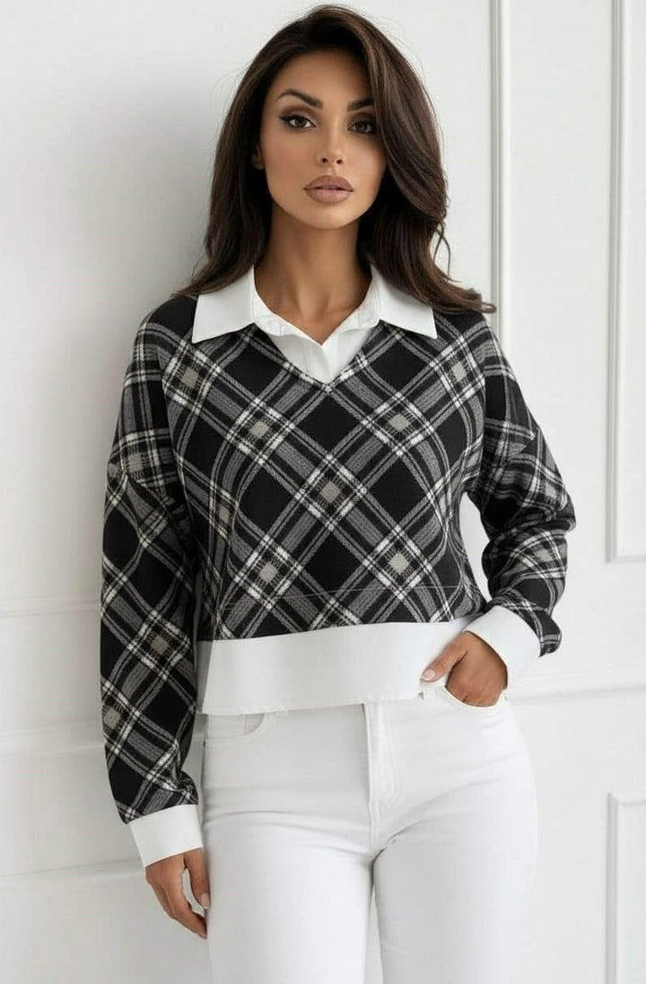 Cherie Check Print V-Neck Layered Effect Sweatshirt Top - Black