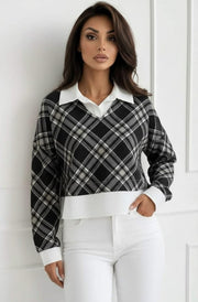 Cherie Check Print V-Neck Layered Effect Sweatshirt Top-Black