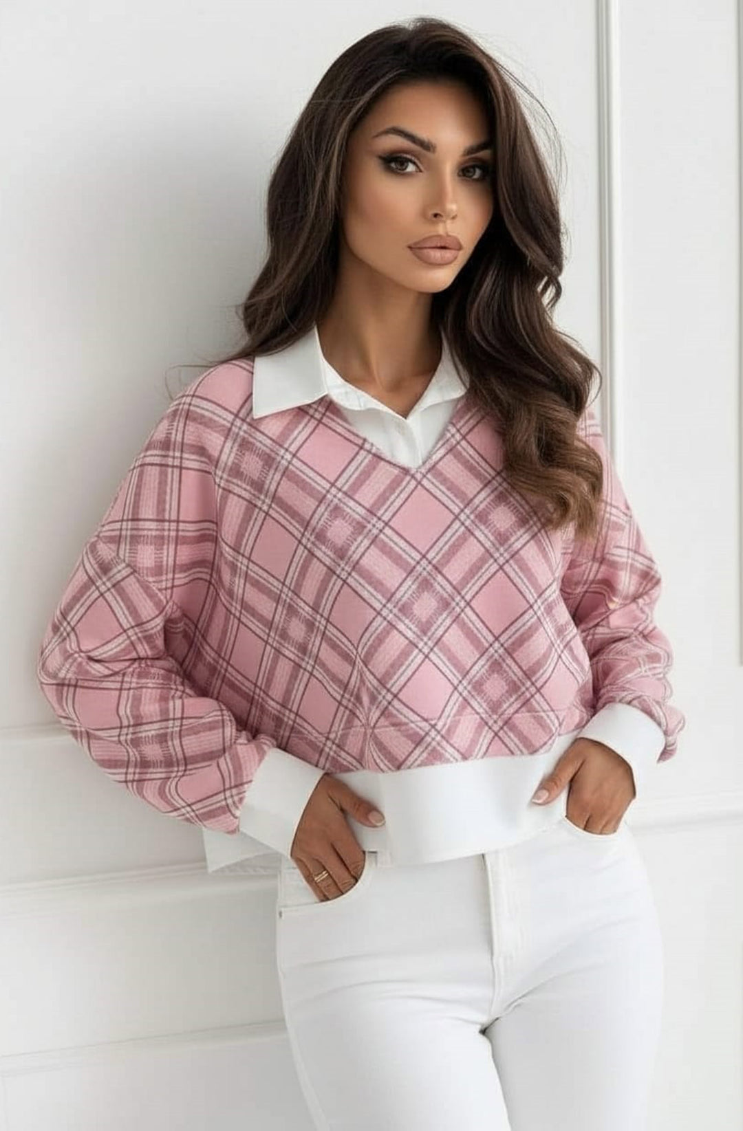 Cherie Check Print V-Neck Layered Effect Sweatshirt Top - Pink