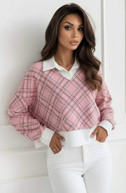 Cherie Check Print V-Neck Layered Effect Sweatshirt Top-Pink