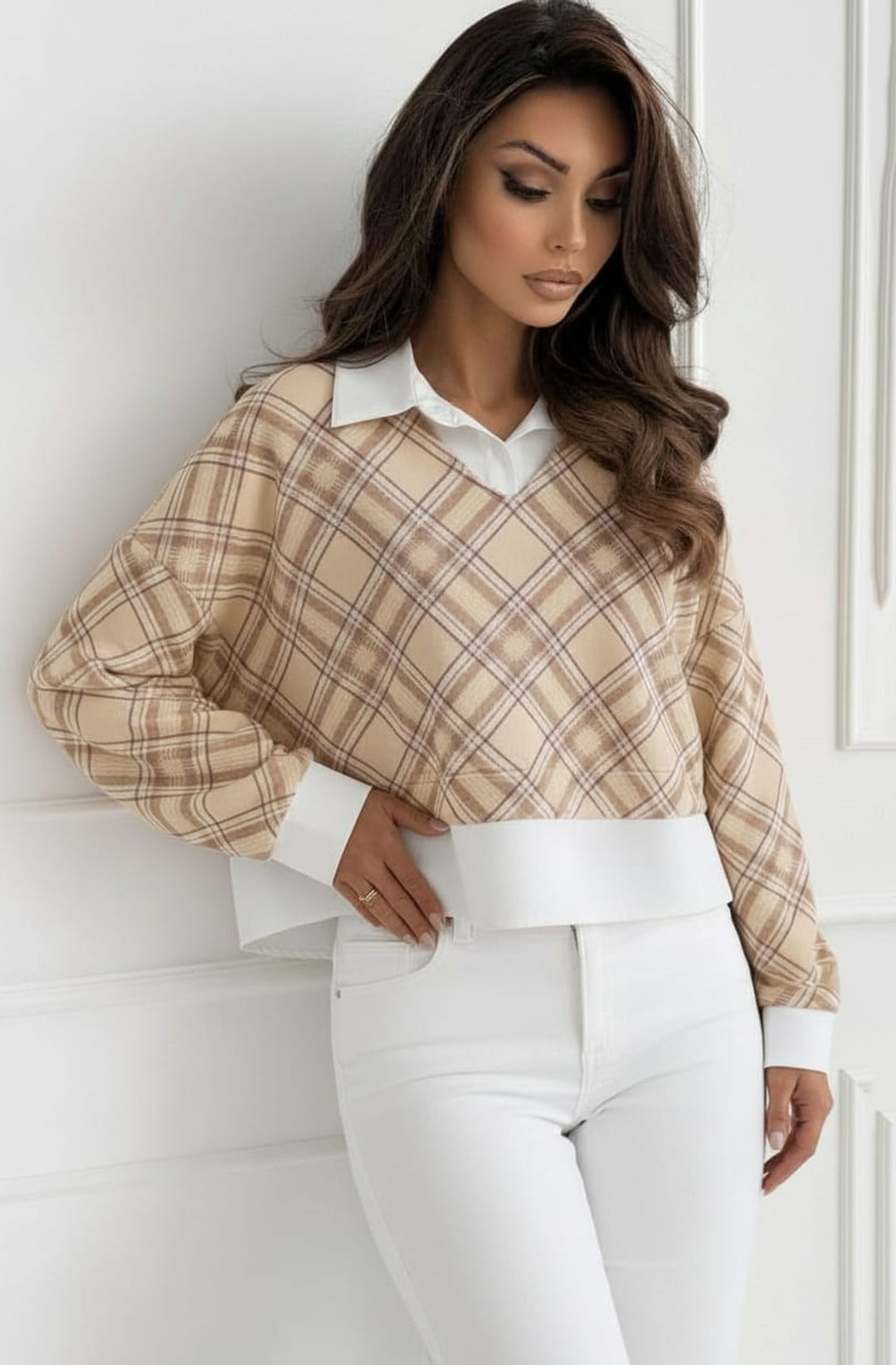 Cherie Check Print V-Neck Layered Effect Sweatshirt Top - Stone