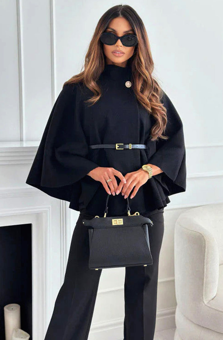 Cherise Button Detail Belted Poncho-Black