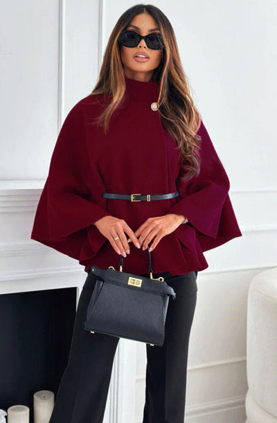 Cherise Button Detail Belted Poncho-Wine