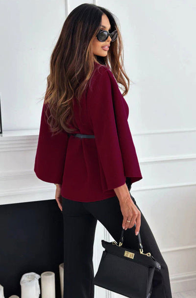 Cherise Button Detail Belted Poncho-Wine