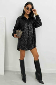 Colette Leopard Sequin Shirt Blouse Top-Black