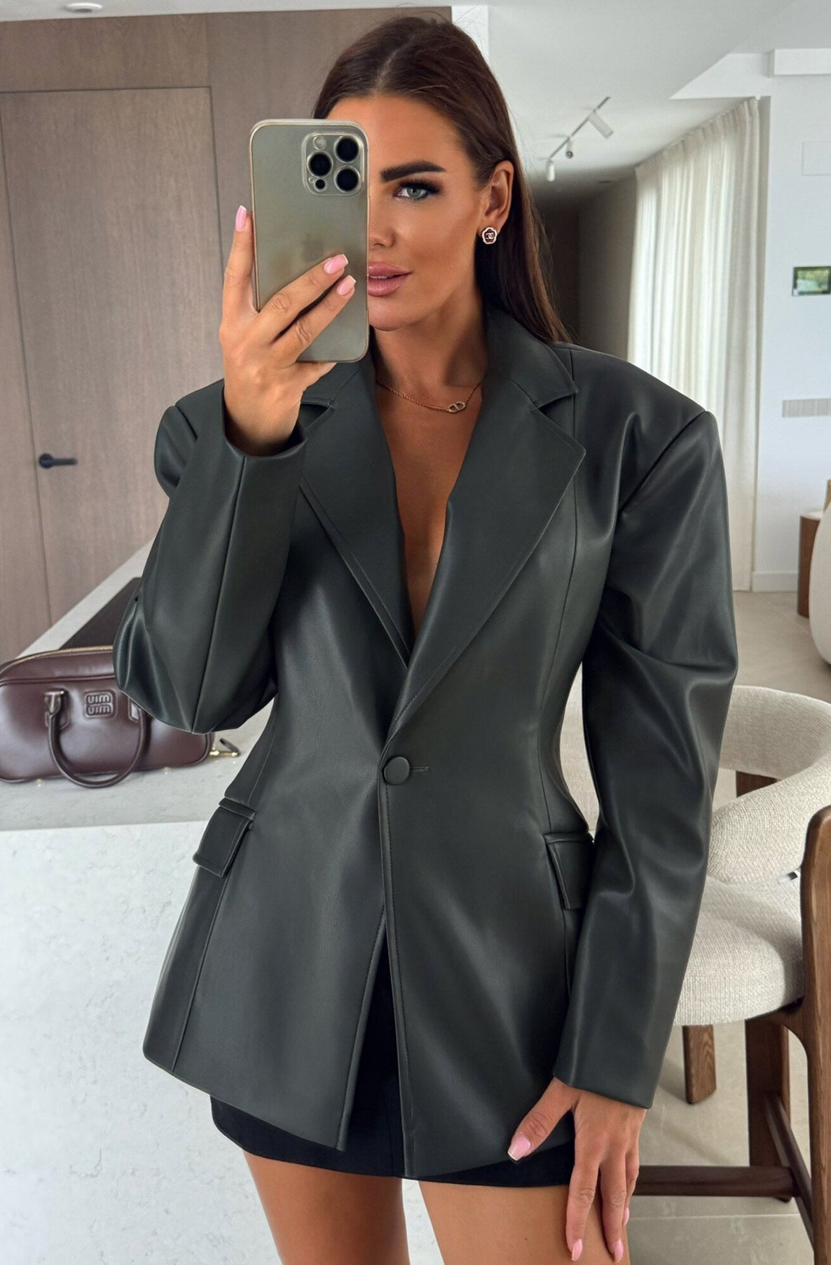 Corin Faux Leather Blazer Jacket-Black