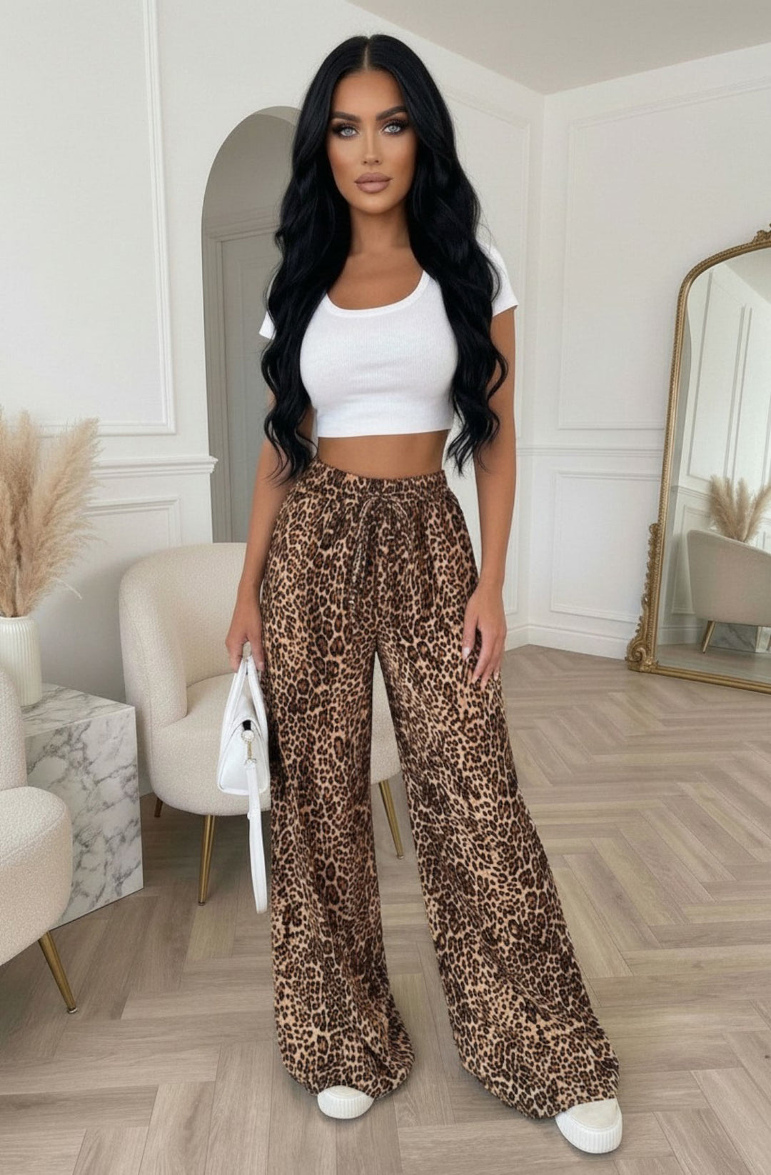 Cressida Leopard Print Elasticated Waist Wide Leg Trousers - Brown