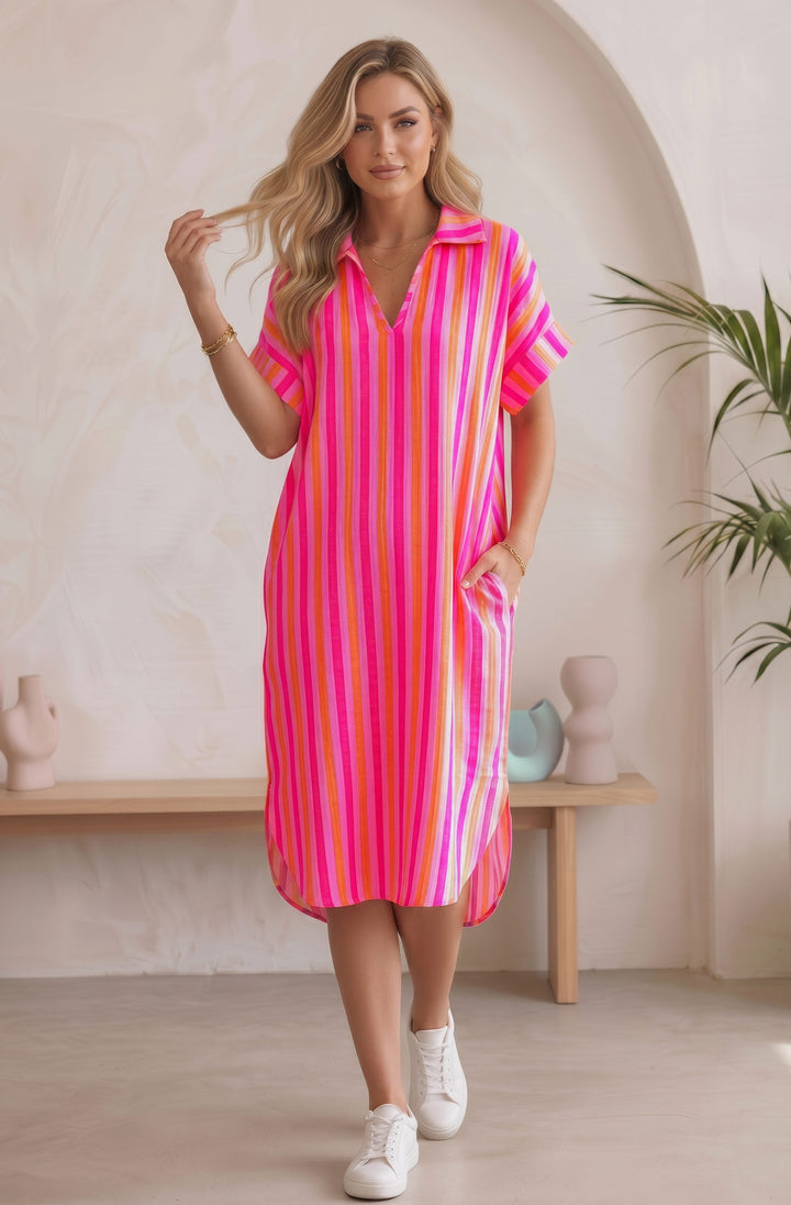 Cyndia Oversized Striped Pocket Cotton Gauze Style Collared V Neck Dress