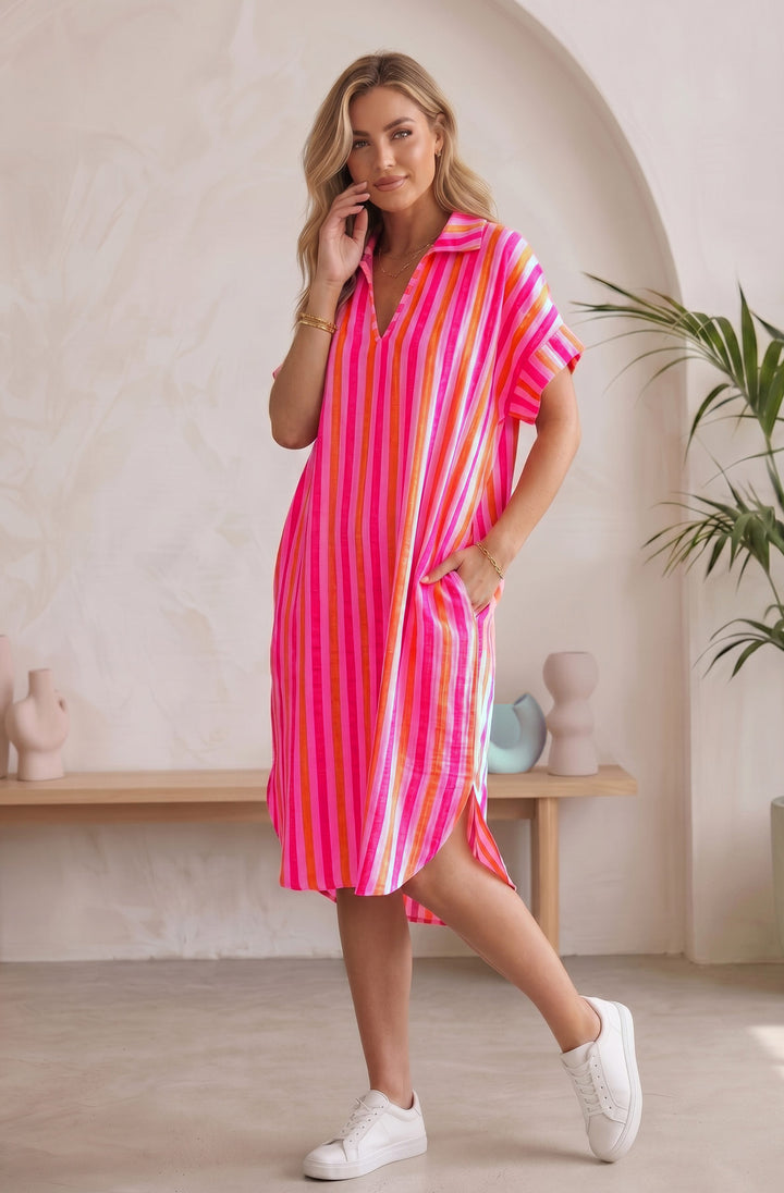 Cyndia Oversized Striped Pocket Cotton Gauze Style Collared V Neck Dress