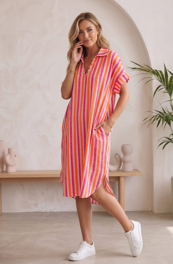 Cyndia Oversized Striped Pocket Cotton Gauze Style Collared V Neck Dress