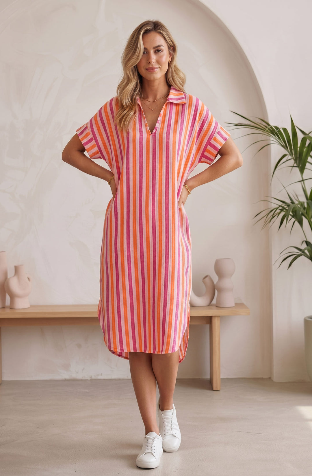 Cyndia Oversized Striped Pocket Cotton Gauze Style Collared V Neck Dress