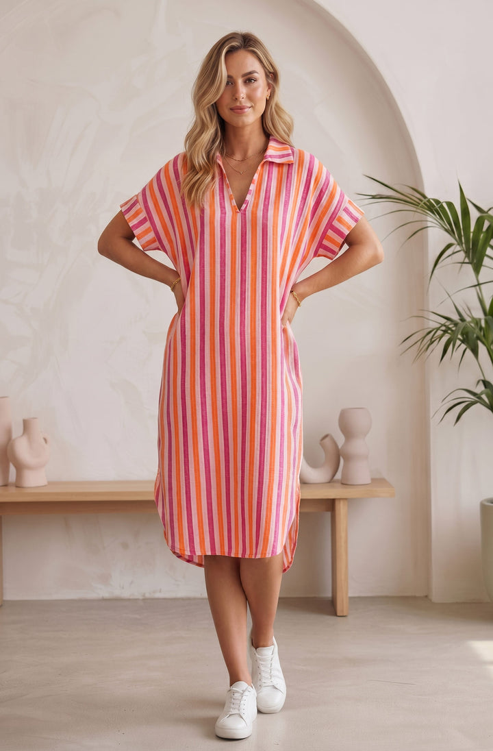 Cyndia Oversized Striped Pocket Cotton Gauze Style Collared V Neck Dress