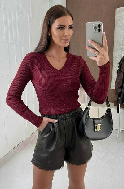 Dalia Shimmer Ribbed Light Knitted Sweater Jumper Top-Wine