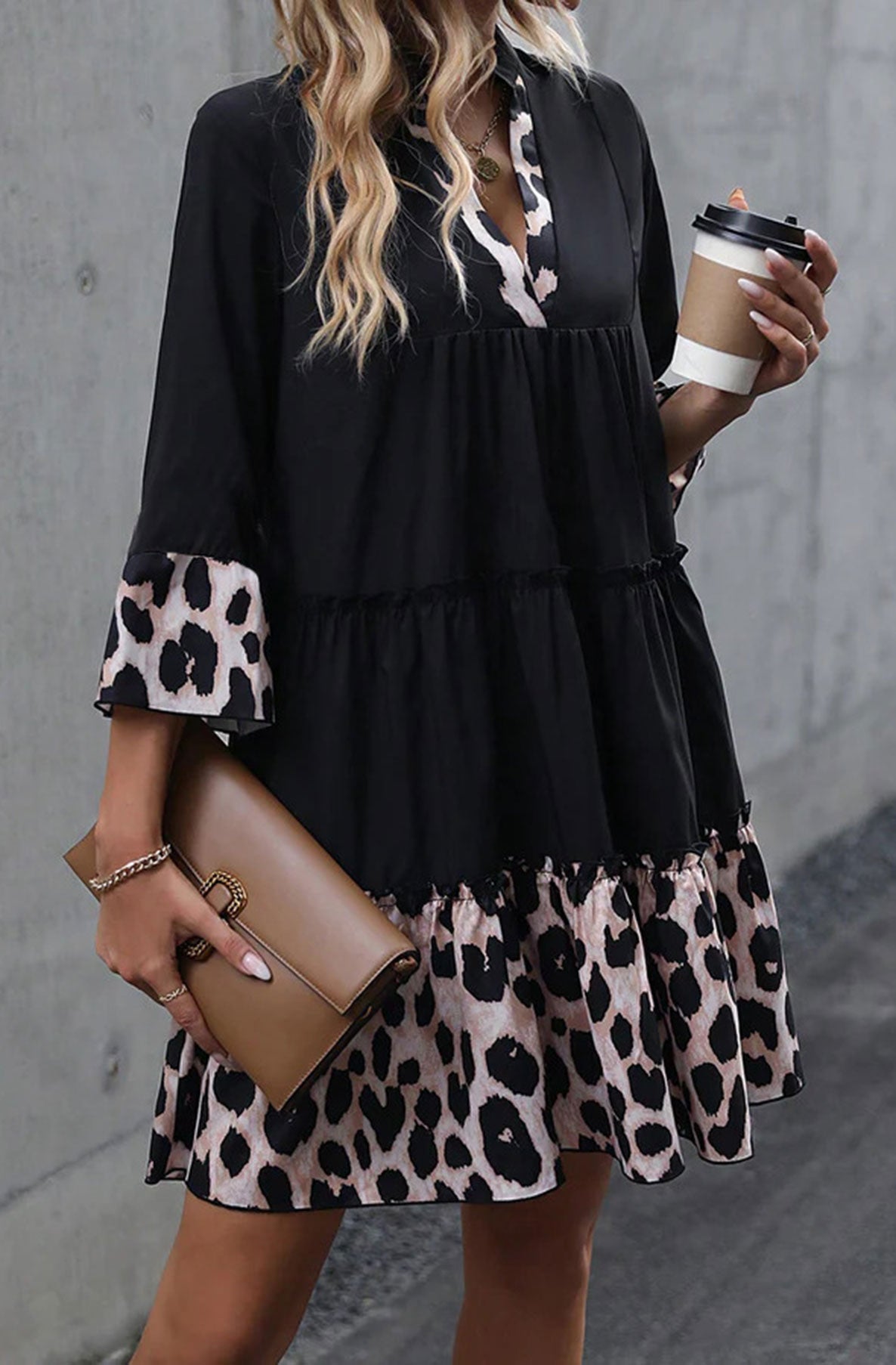 Dannie Oversized Tiered Animal Print Dress-Black