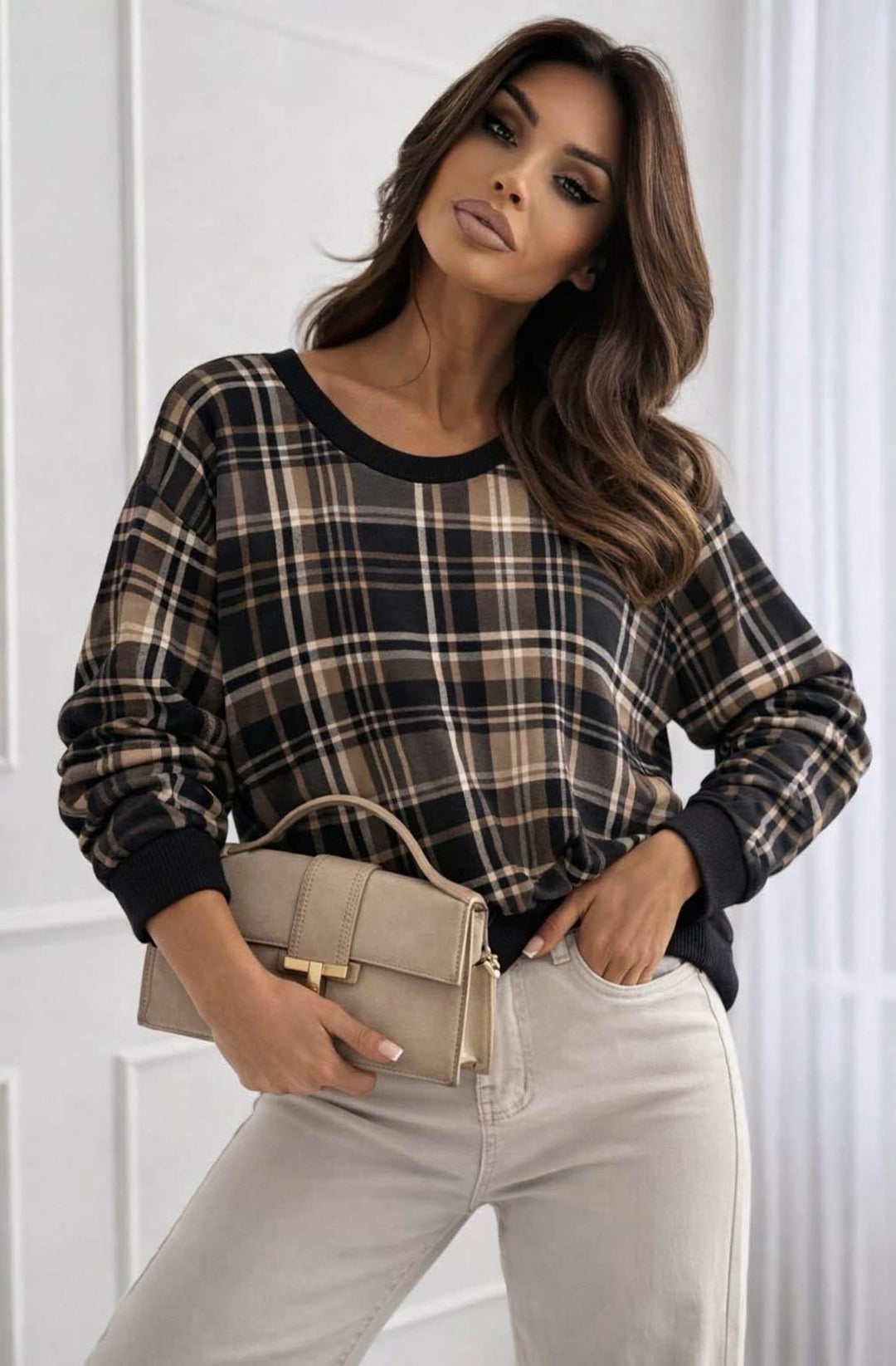 Debby Classic Check Print Long Sleeve Sweatshirt Top - Black