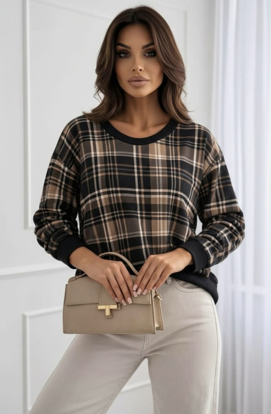 Debby Classic Check Print Long Sleeve Sweatshirt Top - Black