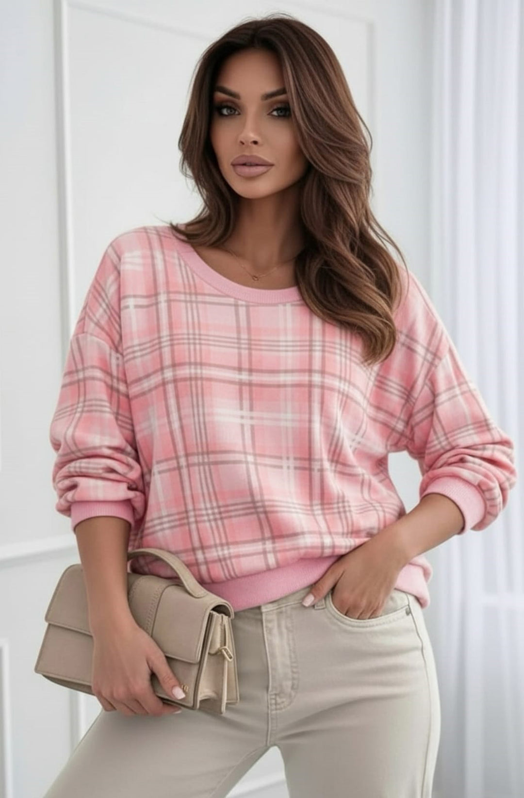 Debby Classic Check Print Long Sleeve Sweatshirt Top - Pink