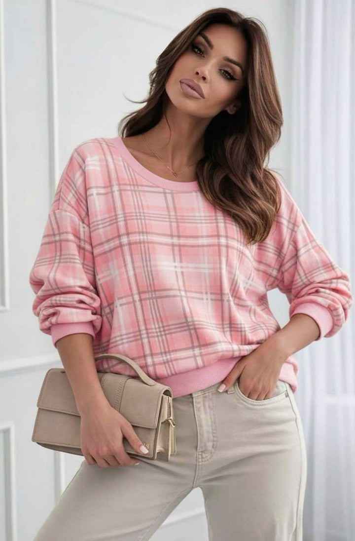 Debby Classic Check Print Long Sleeve Sweatshirt Top-Pink