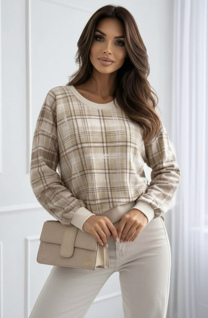 Debby Classic Check Print Long Sleeve Sweatshirt Top - Stone