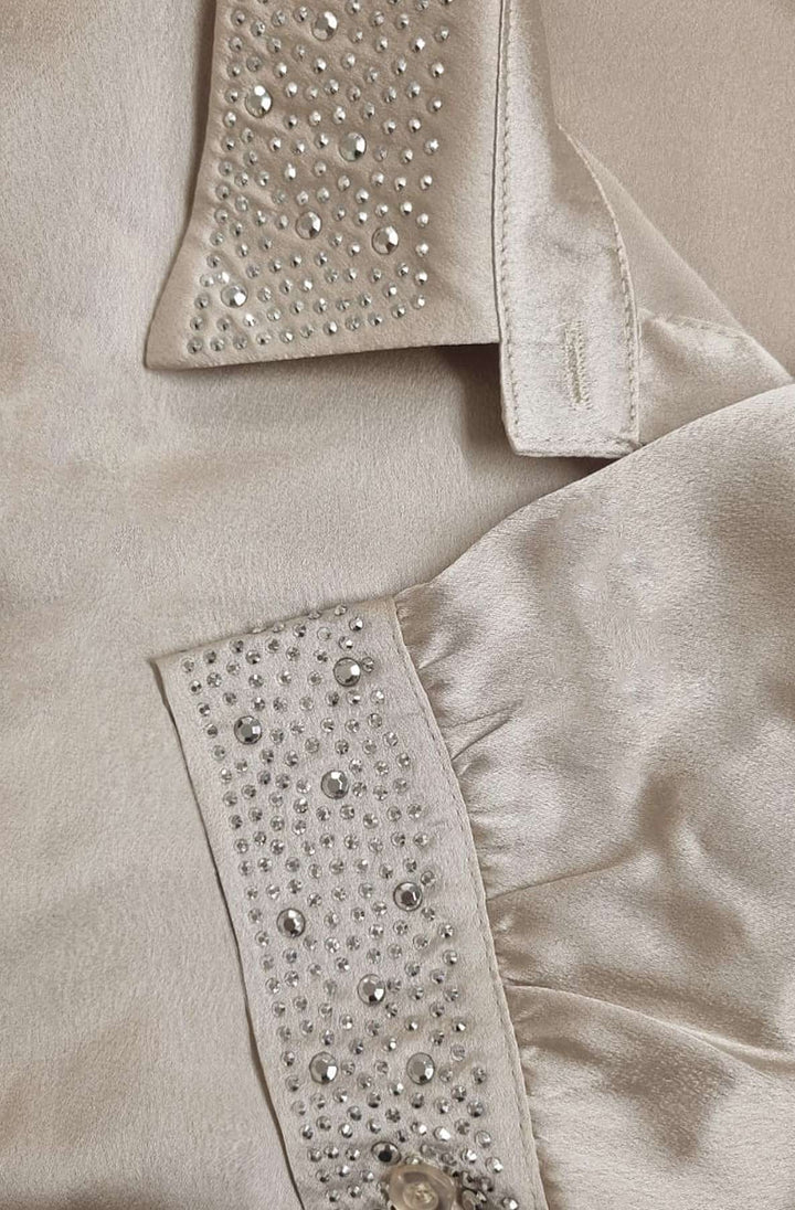 Della Crystal Trim Satin Shirt Blouse Top-Stone