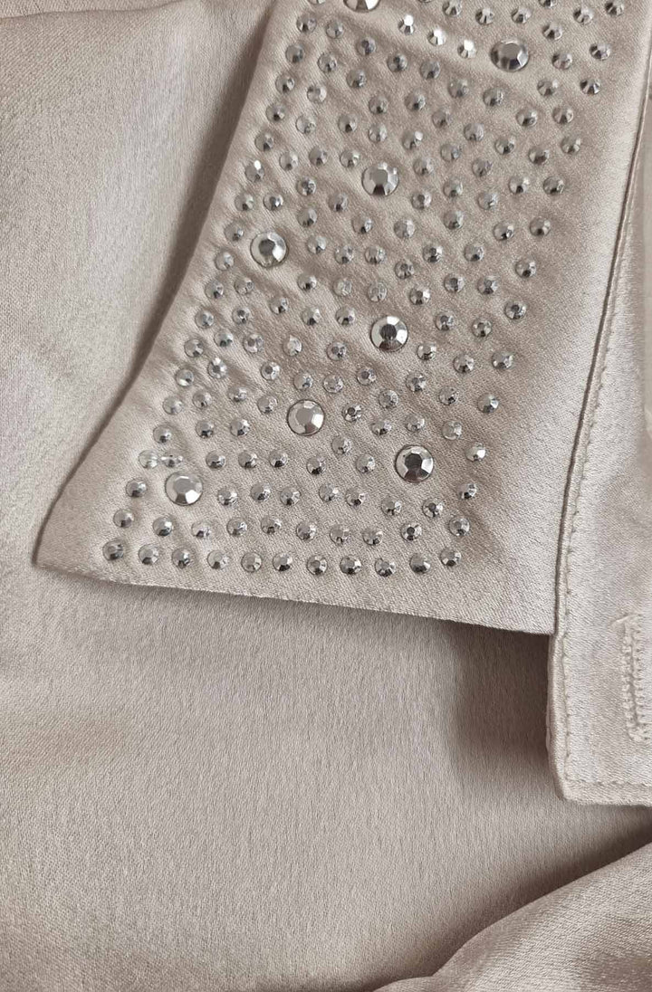 Della Crystal Trim Satin Shirt Blouse Top-Stone