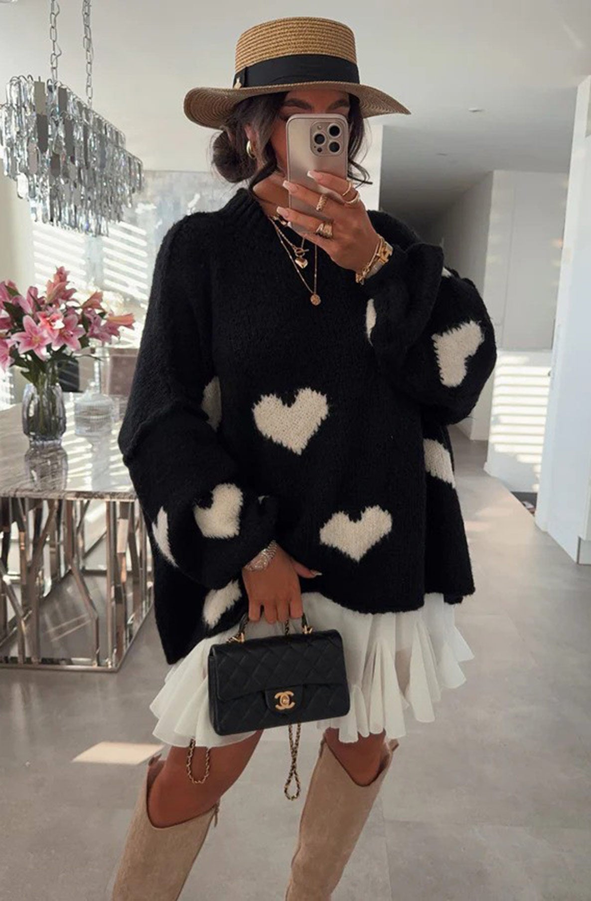 Delta Heart Knitted Jumper Sweater Top-Black