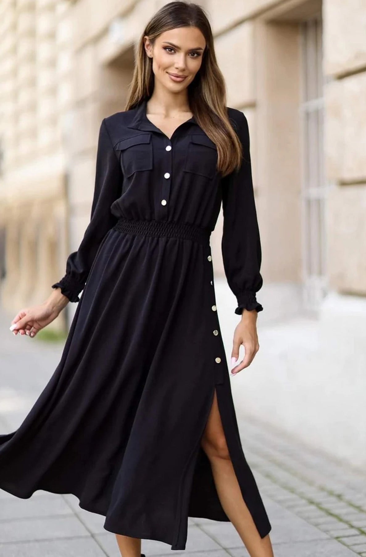 Desiree Button Detail Side Slit Maxi Dress-Black