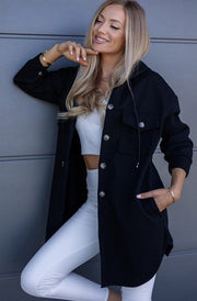 Devora Pocket Detail Hooded Shacket-Black