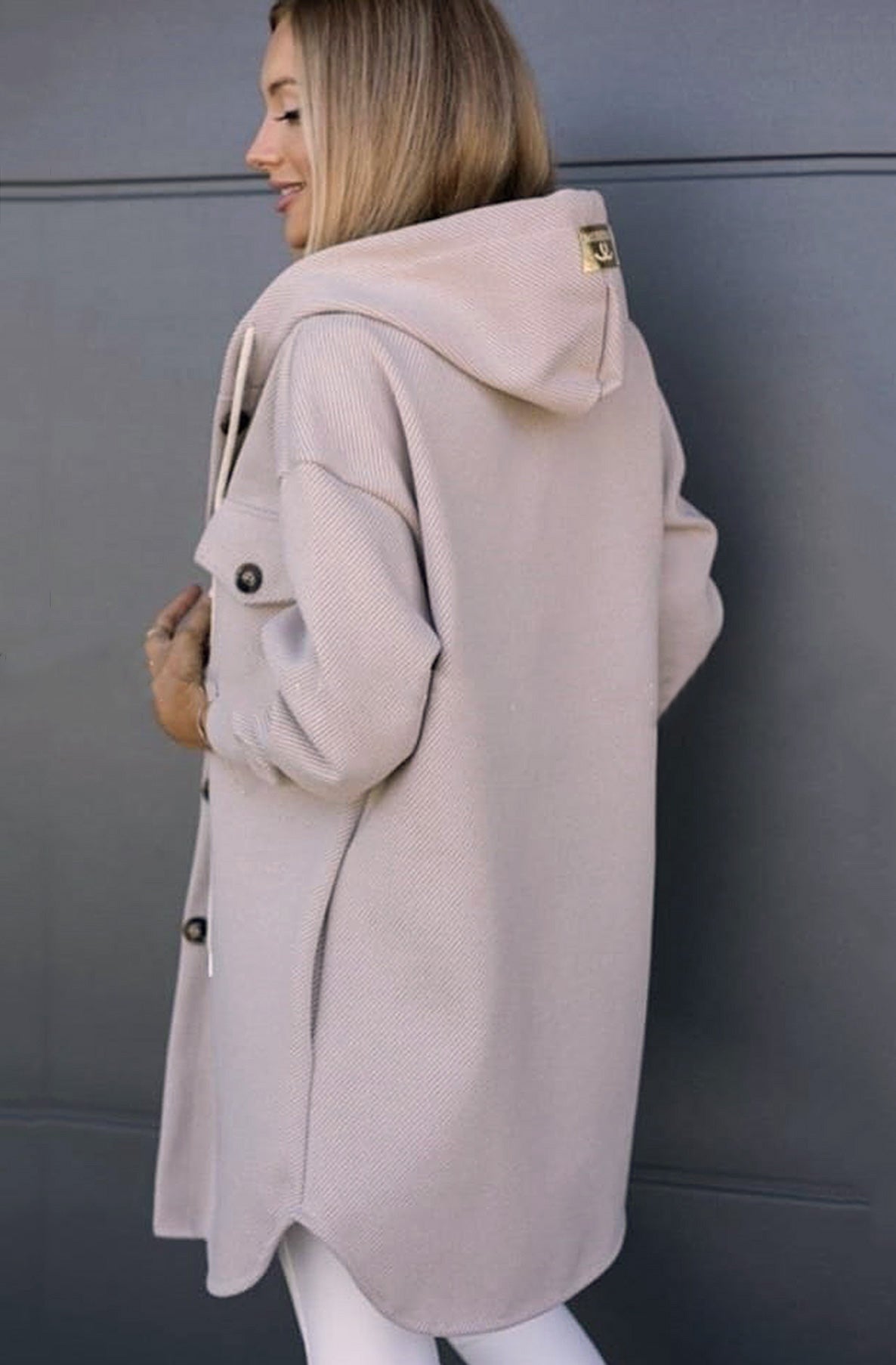 Devora Pocket Detail Hooded Shacket-Stone