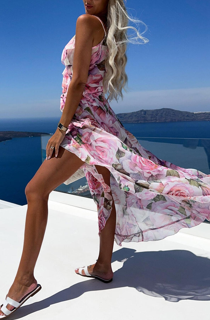 Diane Floral Wrap Frill Chiffon Maxi Dress-Pink