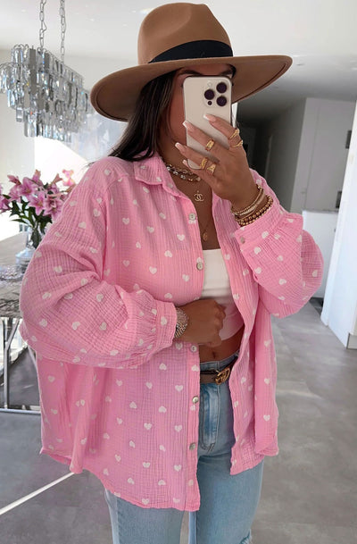 Dina 'Hearts' Print Oversized Cotton Gauze Style Blouse Shirt Top-Pink