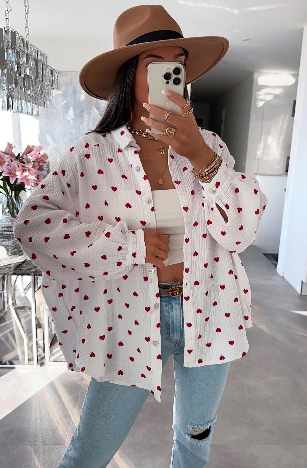 Dina 'Hearts' Print Oversized Cotton Gauze Style Blouse Shirt Top-IvoryRed