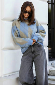 Dixie Argyle Diamond Knitted Jumper Sweater-Blue