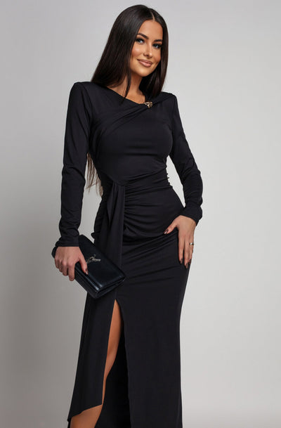 Dolly Draped Ruffle Front Midaxi Dress-Black
